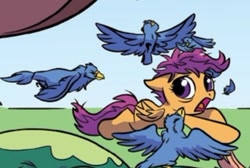 Size: 344x231 | Tagged: safe, artist:trish forstner, idw, scootaloo, bird, pegasus, pony, g4, season 10, spoiler:comic93, comic, cropped, female, filly, foal, scared, scootachicken