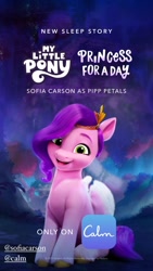 Size: 828x1472 | Tagged: safe, pipp petals, pegasus, pony, g5, official, princess for a day, adorapipp, asmr, calm.com, cute, female, instagram, instagram story, mare, open mouth, open smile, pony history, smiling, solo