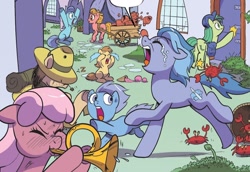 Size: 1040x714 | Tagged: safe, artist:pencils, idw, crab, pony, g4, season 10, spoiler:comic95, butt, chaos, cropped, crying, female, filly, foal, food, ice cream, literal butthurt, male, mare, musical instrument, pain, plot, stallion, trumpet, unnamed character, unnamed pony