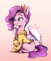 Size: 2322x2763 | Tagged: safe, artist:buttersprinkle, pipp petals, pegasus, pony, g5, my little pony: a new generation, adorapipp, clothes, cute, eyebrows, eyelashes, feathered wings, female, gradient background, high res, hoodie, mare, partially open wings, signature, simple background, smiling, solo, wings