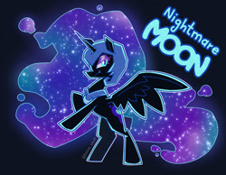 Size: 1200x929 | Tagged: safe, artist:talimingi, nightmare moon, alicorn, pony, g4, black background, chibi, pose, raised hoof, simple background, solo, spread wings, wings