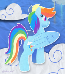 Size: 1120x1280 | Tagged: safe, artist:talimingi, rainbow dash, pegasus, pony, g4, cloud, female, folded wings, hooves, mare, on a cloud, outline, signature, smiling, solo, standing, standing on a cloud, tail, white outline, wings