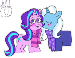 Size: 640x495 | Tagged: safe, artist:phobohobo, starlight glimmer, trixie, pony, unicorn, g4, blushing, clothes, eyes closed, female, lesbian, nuzzling, scarf, ship:startrix, shipping, simple background, smiling, striped scarf, white background