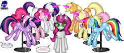 Size: 9600x4154 | Tagged: safe, artist:damlanil, applejack, fluttershy, pinkie pie, rainbow dash, rarity, twilight sparkle, oc, oc:peony, alicorn, earth pony, pegasus, pony, unicorn, g4, bondage, clothes, collar, comic, crystal horn, encasement, fake horn, female, horn, i have no mouth and i must scream, inanimate tf, latex, link in description, magic, magic aura, mannequin, mannequin tf, mare, no mouth, objectification, pedestal, petrification, ponyquin, rubber, shiny, show accurate, simple background, speech bubble, story, story included, text, transformation, transparent background, twilight sparkle (alicorn), vector