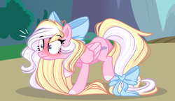Size: 2770x1611 | Tagged: safe, artist:akkilav, artist:emberslament, oc, oc only, oc:bay breeze, pegasus, pony, blushing, bow, colored hooves, cute, eyebrows, eyebrows visible through hair, female, folded wings, frown, hair bow, hair physics, high res, hooves, long mane, mane physics, mare, ocbetes, outdoors, pegasus oc, reality ensues, shadow, show accurate, shrunken pupils, solo, surprised, tail, tail bow, tripping, wings