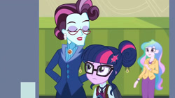 Size: 3410x1920 | Tagged: safe, screencap, princess celestia, principal abacus cinch, principal celestia, sci-twi, twilight sparkle, equestria girls, g4, my little pony equestria girls: friendship games, eyes closed, female, glasses, high res, lockers, magic capture device, trio