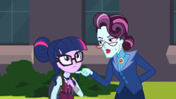 Size: 3410x1920 | Tagged: safe, screencap, principal abacus cinch, sci-twi, twilight sparkle, equestria girls, g4, my little pony equestria girls: friendship games, backpack, canterlot high, duo, duo female, female, glasses, high res, magic capture device, open mouth