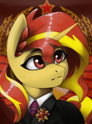 Size: 3120x4200 | Tagged: safe, artist:闪电_lightning, sunset shimmer, pony, unicorn, equestria at war mod, g4, bust, clothes, ear fluff, female, high res, looking sideways, mare, medal, necktie, portrait, red eyes, red star, solo, suit, two toned mane, white shirt, yellow coat