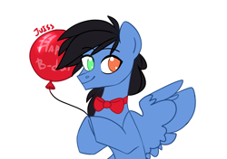 Size: 3072x2160 | Tagged: safe, artist:juiss, oc, oc only, oc:glorious shark, pegasus, pony, balloon, eyebrows, eyebrows visible through hair, happy birthday, heterochromia, high res, hoof hold, pegasus oc, signature, simple background, smiling, solo, spread wings, white background, wings