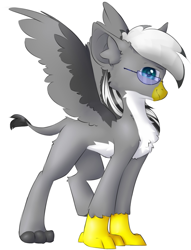 Size: 827x1080 | Tagged: artist needed, safe, oc, oc only, griffon, chest fluff, ear fluff, full body, glasses, griffon oc, simple background, solo, spread wings, standing, white background, wings