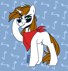 Size: 2073x2160 | Tagged: safe, artist:juiss, oc, oc only, pony, unicorn, abstract background, bandana, eyebrows, eyebrows visible through hair, full body, glasses, grin, high res, hooves, horn, music notes, raised eyebrow, signature, smiling, solo, standing, sunglasses, unicorn oc