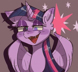 Size: 1876x1732 | Tagged: safe, artist:usapipoyoyo, twilight sparkle, alicorn, pony, g4, cutie mark, fangs, female, horn, lidded eyes, mare, mismatched eyes, open mouth, sharp teeth, solo, teeth, twilight sparkle (alicorn), wings