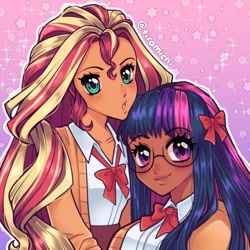 Size: 1080x1080 | Tagged: safe, artist:tiramichi, sci-twi, sunset shimmer, twilight sparkle, human, g4, bow, cardigan, close-up, clothes, curly hair, dark skin, duo, duo female, female, glasses, gradient background, humanized, instagram, lesbian, looking at you, purple eyes, scitwishimmer, shipping, smiling, sparkles, straight hair, sunsetsparkle, turquoise eyes, uniform