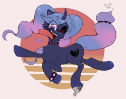 Size: 2048x1608 | Tagged: safe, artist:usapipoyoyo, oc, oc only, oc:poyomi, pony, spider, unicorn, collar, female, heart, horn, long tongue, looking at you, mare, open mouth, sharp teeth, simple background, solo, spiked collar, spiked wristband, teeth, tongue out, white background, wristband