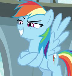 Size: 1920x2008 | Tagged: safe, screencap, rainbow dash, pegasus, pony, daring doubt, season 9, cropped, crossed hooves, female, flying, grin, lidded eyes, mare, raised eyebrow, smiling, solo, spread wings, wings