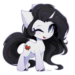 Size: 3240x3200 | Tagged: safe, artist:xsatanielx, oc, oc only, oc:reinina hazard, pony, unicorn, chest fluff, cute, ear fluff, female, full body, high res, hooves, horn, mare, one eye closed, open mouth, signature, simple background, smiling, solo, standing, tail, transparent background, unicorn oc, unshorn fetlocks, wink