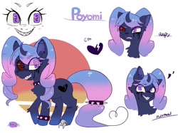 Size: 2048x1534 | Tagged: safe, artist:usapipoyoyo, oc, oc only, oc:poyomi, pony, spider, unicorn, angry, bust, collar, cutie mark, female, full body, heart, horn, looking at you, mare, reference sheet, sharp teeth, simple background, solo, spiked collar, spiked wristband, teeth, text, white background, wristband
