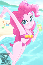 Size: 1997x3034 | Tagged: safe, artist:theretroart88, gummy, pinkie pie, alligator, equestria girls, g4, my little pony equestria girls: better together, adorasexy, armpits, bare shoulders, barefoot, beach, belly, belly button, bikini, breasts, busty pinkie pie, clothes, concave belly, cute, diapinkes, feet, female, forced perspective, grin, pinkie pie swimsuit, sexy, sleeveless, slender, smiling, solo, stupid sexy pinkie, swimsuit, thin