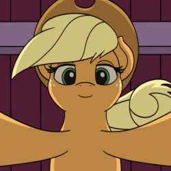 Size: 560x560 | Tagged: safe, artist:mkogwheel, applejack, earth pony, pony, art pack:teats for tat, g4, advertisement, animated, female, frame by frame, freckles, gif, lidded eyes, looking at you, loop, low angle, mare, smiling, smiling at you, solo, teaser