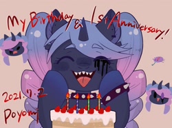 Size: 2048x1534 | Tagged: safe, artist:usapipoyoyo, oc, oc only, oc:poyomi, pony, spider, unicorn, 2021, angry, birthday, birthday cake, cake, candle, collar, eye clipping through hair, eyebrows, eyebrows visible through hair, eyes closed, female, food, happy, happy birthday, hat, horn, mare, open mouth, party hat, party horn, sharp teeth, simple background, spiked collar, spiked wristband, strawberry, teeth, text, wristband
