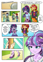 Size: 1800x2572 | Tagged: safe, artist:candyclumsy, artist:enadoodles, artist:mlp-cam, sci-twi, starlight glimmer, sunset shimmer, twilight sparkle, comic:equestria girls curse and madness, equestria girls, background human, breasts, canterlot high, cleavage, comic, female, male, speech bubble