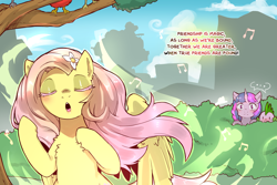 Size: 1440x960 | Tagged: safe, artist:cold-blooded-twilight, fluttershy, spike, twilight sparkle, bird, dragon, pegasus, pony, unicorn, cold blooded twilight, comic:cold storm, g4, ..., blushing, chest fluff, colored eyelashes, comic, eyes closed, flower, flower in hair, hiding in bushes, magic, open mouth, ponytail, singing, unicorn twilight