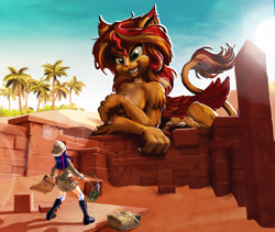 Size: 2400x2029 | Tagged: safe, artist:harwick, sunset shimmer, twilight sparkle, sphinx, equestria girls, g4, building, clothes, desert, duo, egyptian, female, fur, giantess, high res, human coloration, macro, nyanset shimmer, oasis, palm tree, sand, species swap, sphinxified, teeth, treasure map, tree
