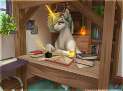 Size: 1280x947 | Tagged: safe, artist:copshop, oc, oc only, pony, unicorn, apple, book, bookshelf, chest, food, inkwell, lantern, magic, male, plant, quill, solo, stallion