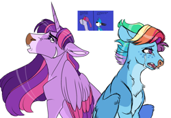 Size: 1311x907 | Tagged: safe, artist:horsecrimes, artist:uunicornicc, rainbow dash, twilight sparkle, alicorn, pegasus, pony, g4, alternate design, chest fluff, collaboration, colored wings, crossover, crossover shipping, facial markings, female, freckles, lesbian, male, mordecai, mordetwi, multicolored wings, pale belly, regular show, ship:twidash, shipping, simple background, straight, twilight sparkle (alicorn), white background, wings