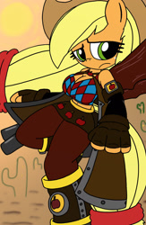 Size: 1280x1963 | Tagged: safe, artist:tenebrousmelancholy, applejack, earth pony, anthro, unguligrade anthro, g4, breasts, cactus, clothes, cowgirl, desert, digital art, female, freckles, gun, leggings, shotgun, solo, sun, thicc thighs, thighs, tight clothing, tights, weapon