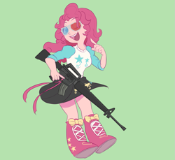 Size: 1039x950 | Tagged: safe, artist:avirextin, pinkie pie, equestria girls, g4, 3d glasses, assault rifle, glasses, green background, gun, looking at you, m16, one eye closed, open mouth, open smile, rifle, simple background, smiling, smiling at you, solo, weapon