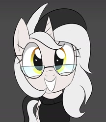 Size: 1215x1407 | Tagged: safe, artist:bestponies, oc, oc only, oc:diamond horseshoe, pony, unicorn, clothes, cute, eyelashes, female, glasses, gray background, grin, horn, looking at you, mare, simple background, smiling, smiling at you, solo, sweater, yellow eyes