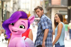 Size: 2048x1365 | Tagged: safe, pipp petals, human, pegasus, pony, g5, my little pony: a new generation, adorapipp, building, cute, distracted, distracted boyfriend meme, female, jewelry, looking at you, male, mare, meme, smiling, straight, tiara, upset, waifu