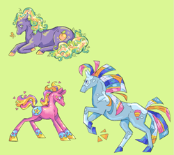 Size: 863x768 | Tagged: safe, artist:pink-dog, peach surprise, shenanigans (g3), sundance (g2), sunsparkle, earth pony, pony, g2, g3, alternate design, redesign