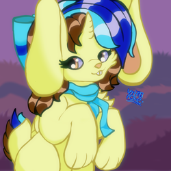 Size: 3000x3000 | Tagged: safe, artist:umbrapone, oc, oc:epsi pep power, bunnycorn, bow, bucktooth, bunny ears, cel shading, chest fluff, clothes, floppy ears, fluffy tail, grass, grass field, hair bow, high res, horn, orange eyes, paws, purple background, scarf, shading, simple background, small horn, small wings, solo, tail, wings