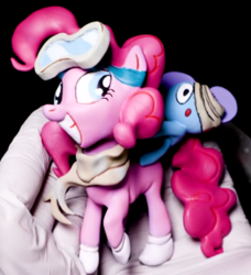 Size: 760x835 | Tagged: safe, artist:jakeneutron, artist:yh figure maker, pinkie pie, earth pony, pony, g4, 3d, 3d model, bandage, clothes, craft, crossover, duo, dusk till dawn, friday night funkin', goggles, hair bun, irl, photo, pibby, riding a pony, scarf, sculpture, smiling, socks