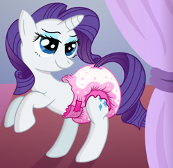 Size: 2800x2719 | Tagged: safe, artist:sweetielover, rarity, pony, unicorn, g4, bedroom eyes, curtains, diaper, diaper fetish, female, fetish, high res, non-baby in diaper, pink diaper, poofy diaper, rearing, solo