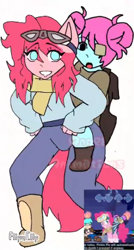 Size: 204x380 | Tagged: safe, artist:jakeneutron, pinkie pie, human, g4, bandage, boots, boyfriend (friday night funkin), clothes, crossover, duo, dusk till dawn, friday night funkin', goggles, hair bun, humanized, pibby, piggyback ride, scarf, shoes, smiling, socks