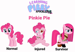 Size: 1070x747 | Tagged: safe, artist:pagiepoppie12345, pinkie pie, earth pony, pony, g4, bag, bandage, blood, boots, clothes, error, eyepatch, glitch, messy mane, pibby, saddle bag, scar, scared, shoes, simple background, smiling, straight mane, sword, unamused, weapon, white background