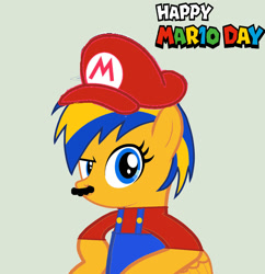 Size: 1280x1321 | Tagged: safe, artist:mlpfan3991, oc, oc:flare spark, pegasus, pony, g4, cap, clothes, cosplay, costume, facial hair, female, hat, male, mar10 day, mario, mario's hat, moustache, nintendo, overalls, solo, super mario bros.