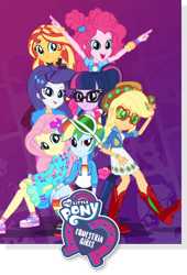 Size: 337x496 | Tagged: safe, applejack, fluttershy, pinkie pie, rainbow dash, rarity, sci-twi, sunset shimmer, twilight sparkle, equestria girls, equestria girls series, g4, official, sunset's backstage pass!, spoiler:eqg series (season 2), group, humane five, humane seven, humane six, logo, music festival outfit, outfit, poster, smiling
