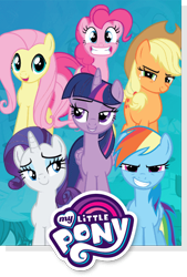 Size: 335x496 | Tagged: safe, applejack, fluttershy, pinkie pie, rainbow dash, rarity, twilight sparkle, alicorn, earth pony, pegasus, pony, unicorn, g4, official, female, folded wings, grin, group, logo, mane six, mare, open mouth, open smile, poster, smiling, twilight sparkle (alicorn), wings