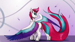 Size: 3840x2160 | Tagged: safe, artist:tenebrisnoctus, zipp storm, pegasus, pony, g5, 4k, abstract background, butt, colored wings, feathered fetlocks, female, high res, large wings, long tail, looking at you, looking back, looking back at you, mare, multicolored wings, plot, rear view, smiling, smiling at you, solo, tail, wings, zippbutt