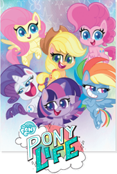 Size: 336x496 | Tagged: safe, applejack, fluttershy, pinkie pie, rainbow dash, rarity, twilight sparkle, alicorn, earth pony, pegasus, pony, unicorn, g4.5, my little pony: pony life, official, group, logo, mane six, poster, twilight sparkle (alicorn)