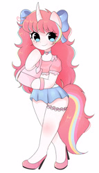 Size: 2207x3863 | Tagged: safe, artist:arwencuack, oc, oc only, oc:nekonin, alicorn, anthro, semi-anthro, anthro oc, arm hooves, clothes, commission, crossdressing, femboy, high heels, high res, male, pink hair, shoes, simple background, skirt, solo, trap, white background