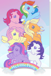 Size: 335x496 | Tagged: safe, applejack, fluttershy, pinkie pie, rainbow dash, rarity, twilight sparkle, alicorn, earth pony, pegasus, pony, unicorn, g1, g4, official, 80s, g4 to g1, generation leap, group, logo, mane six, mane six opening poses, poster, twilight sparkle (alicorn)