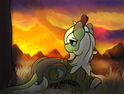 Size: 1326x1000 | Tagged: safe, artist:orbitingdamoon, oc, oc only, kirin, clothes, kirin oc, mountain, peaceful, sunset