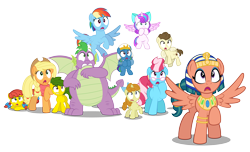 Size: 5804x3524 | Tagged: safe, artist:aleximusprime, applejack, cup cake, pound cake, princess flurry heart, pumpkin cake, rainbow dash, somnambula, spike, the sphinx, oc, oc:annie smith, oc:apple chip, oc:storm streak, sphinx, fanfic:let my ponies go, flurry heart's story, g4, alternate hairstyle, anatankha, apple twins, bandana, clothes, covering mouth, egyptian, egyptian headdress, egyptian pony, female, filly, filly flurry heart, glasses, horrified, let my ponies go, male, new hairstyle, offspring, older, older applejack, older flurry heart, older pound cake, older pumpkin cake, older rainbow dash, older spike, parent:applejack, parent:oc:thunderhead, parent:rainbow dash, parent:tex, parents:canon x oc, parents:texjack, reaction, scared, scarf, shocked, shocked expression, shocked eyes, simple background, spread wings, transparent background, wings