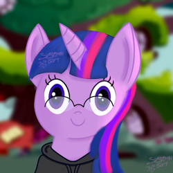 Size: 1000x1000 | Tagged: safe, artist:ideletedsystem64, twilight sparkle, oc, pegasus, pony, g4, blurry background, clothes, cute, eyelashes, glasses, golden oaks library, hoodie, horn, library, looking at you, pegasus oc, purple eyes, smiling, smiling at you, solo, tree