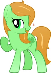 Size: 474x677 | Tagged: safe, artist:meteor-spark, oc, oc:sweet clover, earth pony, pony, clover, female, green, green eyes, mare, raised hoof, simple background, smiling, white background